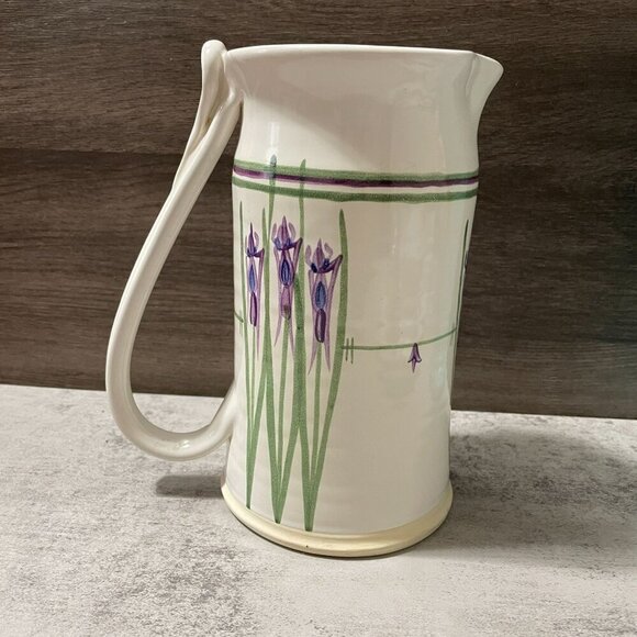 Studio Art Pottery Pitcher Hand Painted Purple Iris Flowers Handmade Signed 8" - Picture 2 of 11